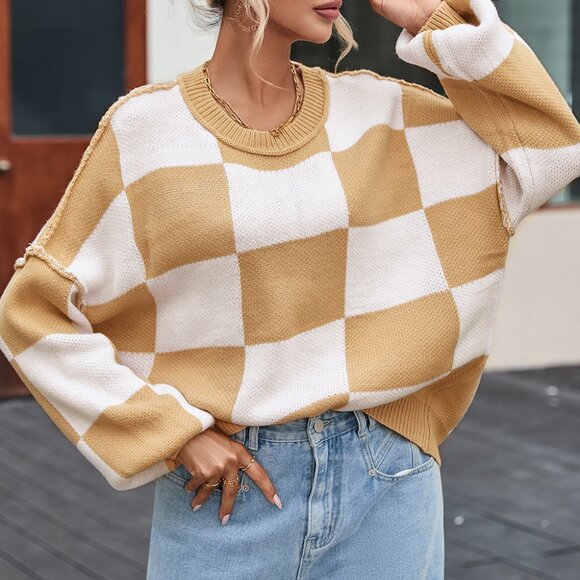 Khaki Checkered Bishop Sleeve Sweater - Picture 7 of 15